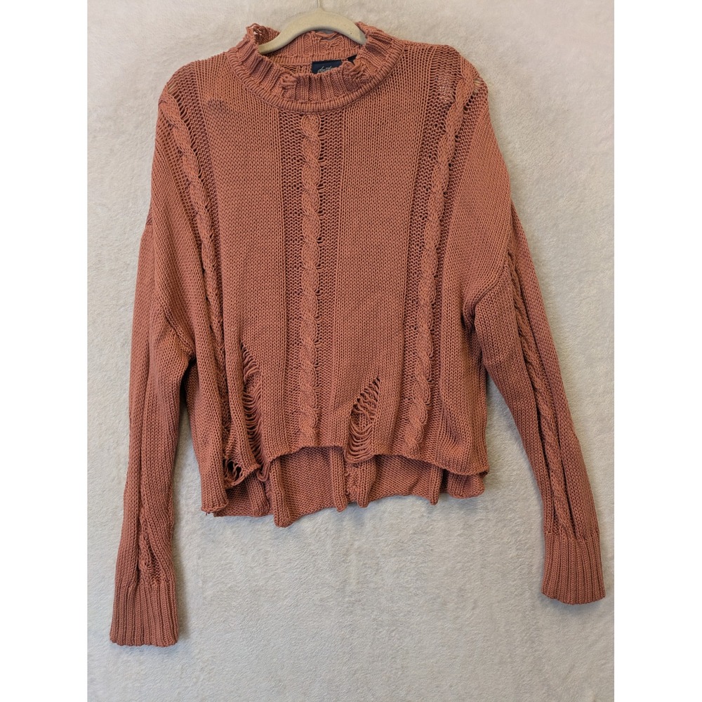 Daytrip Sweater Women's Medium Terracotta Distressed Cable Knit Mock Neck Mockup